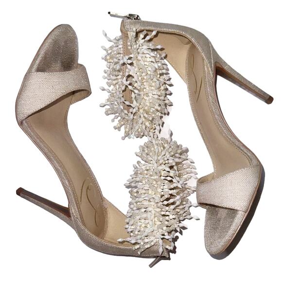 Sam Edelman Gillie Sand Linen Stilettos Open Toe Heels Beaded Size 7.5, 4'' Heel - Picture 5 of 13